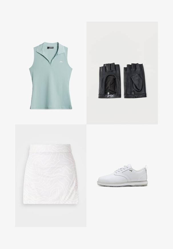 Polo sin mangas de color azul claro con ribetes, con un pequeño logo blanco en el pecho izquierdo y un cuello con detalle de ribete blanco.; J.LINDEBERG Sports AMELIE MID PRINT SKIRT - Falda de deporte - grey/lilac; Zapatillas deportivas blancas con parte superior de cuero sintético suave, acentos texturizados, cuello acolchado y suela de goma con buena tracción. Detalle del logotipo en plata.; Par de guantes de cuero negros sin dedos con cubiertas de pulgar removibles y pequeño logo blanco en la muñeca.