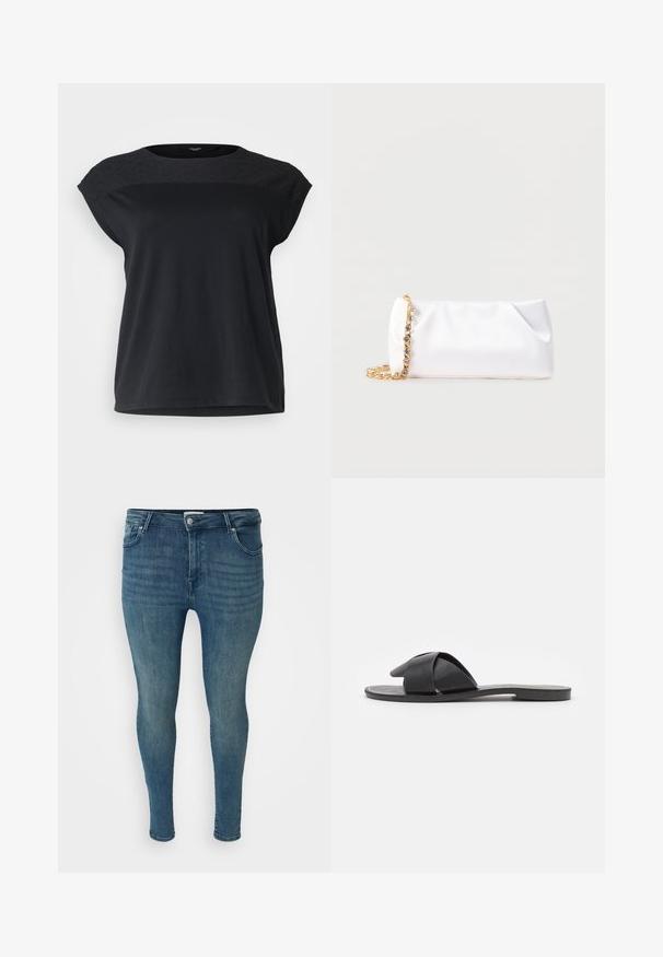 Sort kortærmet top med en struktureret, mønstret yoke og en afslappet pasform. Glat bomuldsstof med rund halsudskæring og lige kant.; Slim fit jeans i mellemblå denim med en glat overflade, fem-lomme design, bæltestropper og en knaplukning i taljen.; Sort slip-on sandaler med krydsede stropper. Fremstillet af glat læder med en flad sål og minimal syning. Enkel, åben tå design.; Hvid blød clutchtaske med guld kæderem pyntet med klare ædelsten, sat mod en ensfarvet lys grå baggrund.