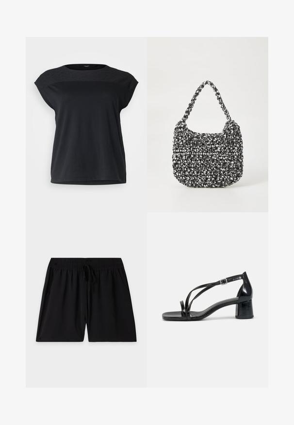 Sort kortærmet top med en struktureret, mønstret yoke og en afslappet pasform. Glat bomuldsstof med rund halsudskæring og lige kant.; Sort shorts med elastisk linning, justerbar snøre og sidelommer, lagt fladt på en almindelig lys baggrund.; Sorte hæl sandaler med firkantet tå, der har krydsede remme og en justerbar ankelrem. Lavet af skinnende syntetisk materiale.; Vævet håndtaske i sort og hvid med en rund form, tekstureret overflade og et fletet håndtag. Velegnet til afslappet brug.