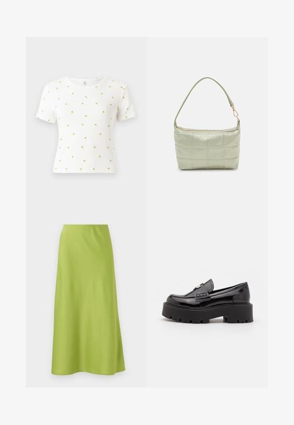 Camiseta blanca de manga corta hecha de tela acanalada, con un patrón disperso de pequeños piñas amarillas con hojas verdes.; Falda de longitud media en una suave y vibrante tela verde lima. Presenta un diseño simple y ajustado con una cinturilla elástica y una silueta fluida.; Madden Girl CALISTA - Zapatos sin cordones - black; Bolsa de hombro acolchada de color verde con una textura suave, forma rectangular, correa única y cierre de cremallera en tono dorado. Presenta un patrón acolchado.
