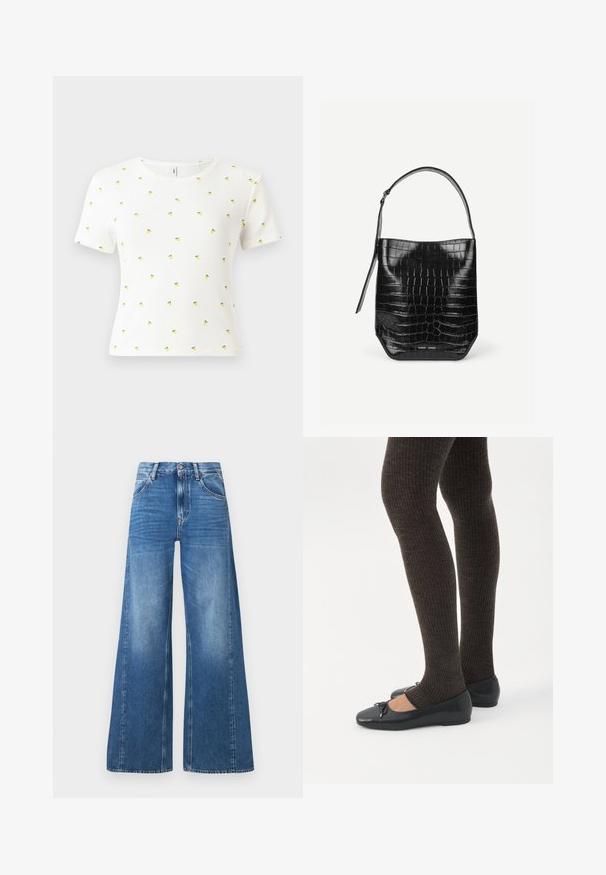 Camiseta blanca de manga corta hecha de tela acanalada, con un patrón disperso de pequeños piñas amarillas con hojas verdes.; Vaqueros de mezclilla azul de pierna ancha con cintura alta, que cuentan con bolsillos frontales y un aspecto desgastado, fabricados en algodón con una textura suave.; Piernas con leggings oscuros acanalados combinados con bailarinas negras que presentan pequeños detalles de lazo sobre un fondo blanco.; Bolso tipo saco de piel negra con relieve de cocodrilo, con una sola correa para el hombro y un pequeño logo de la marca en plata en el centro inferior frontal.