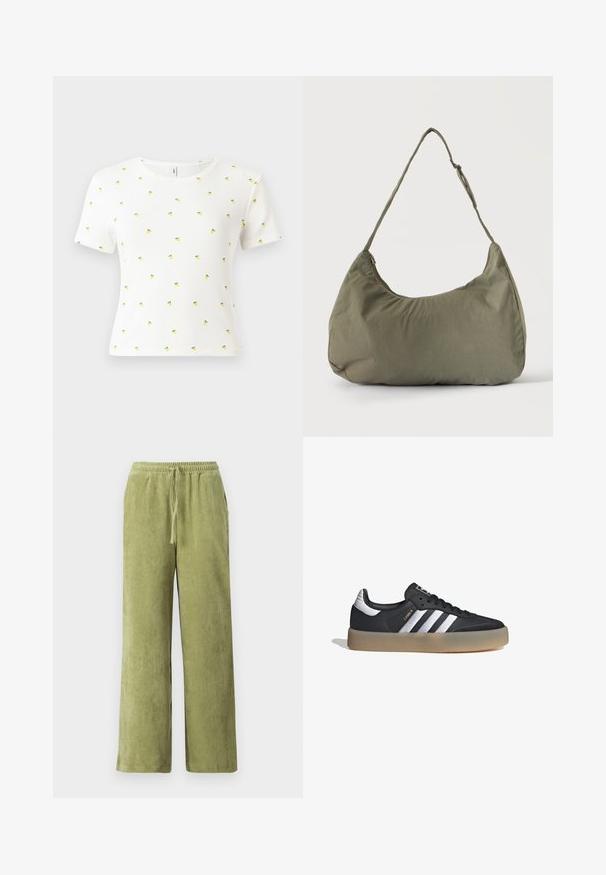 Camiseta blanca de manga corta hecha de tela acanalada, con un patrón disperso de pequeños piñas amarillas con hojas verdes.; Pantalones de pana verde con un diseño de pierna ancha, cinturilla elástica y detalle de cordón. Las líneas verticales en la tela crean textura.; Zapatilla deportiva de cuero negro con tres rayas plateadas, punta texturizada y suela de goma. Cuenta con un collar acolchado y un diseño con cordones.; Bolso de hombro de tela suave color verde oliva con cierre de cremallera y correa ajustable sobre un fondo liso y claro.