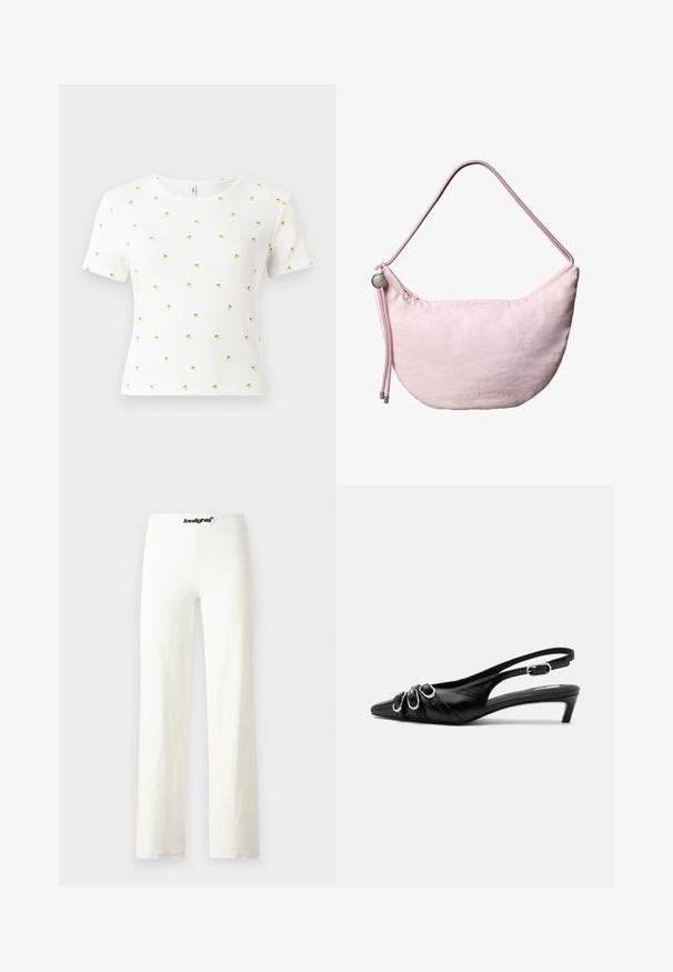 T-shirt blanc à manches courtes en tissu côtelé, arborant un motif éparpillé de petits ananas jaunes avec des feuilles vertes.; Pantalons larges en coton blanc avec une texture lisse, présentant une taille avec un logo noir et un design simple et minimaliste.; Chaussure slingback en cuir noir avec bout pointu, trois boucles argentées à l'avant et petit talon kitten sur fond blanc.; Sac d'épaule croissant doux rose avec une sangle en corde réglable, un arrêt en métal et un logo "cK" en relief subtil au centre avant.