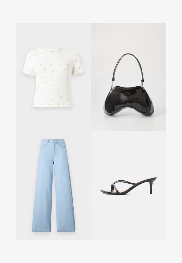 Hvid kortærmet T-shirt lavet af ribbet stof, med et spredt mønster af små gule ananaser med grønne blade.; Lysblå bredbenede jeans lavet af denim, med høj talje, forlommer og rene sømme med minimal syning.; Sort laklædersandal med hæl, tynde krydsede remme og en slank mellemhøj stilethæl på en hvid baggrund.; Sort patentlæder håndtaske med en unik buet form, kort justerbar hank og en lynlåslukning i toppen. Glat tekstur med diskret branding.