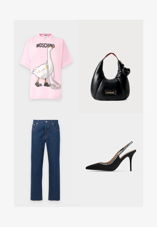 Pink kortærmet t-shirt med en grafik af en gås i sorte sko med en perlekæde, og teksten "MOSCHINO" ovenover.; Mørkeblå denim jeans med lige ben, for- og baglommer, bæltestropper, knaplukning og synlig orange sytråd.; Sort spids tå slingback stilet hæl sko med tynd stilet hæl og "LOVE MOSCHINO" tekst på remmen og kanten.; Sort faux lædertaske med en buet form, der har et guld logo-plade og en hjerteformet charme. Indersiden har en rem med rødt logo-detalje.