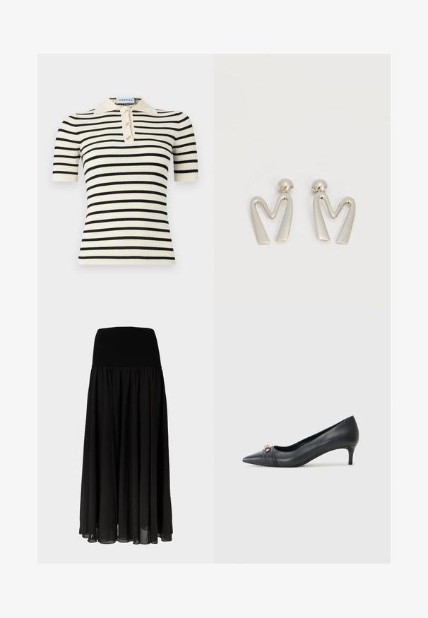 Polo à manches courtes côtelées avec une base crème et des rayures horizontales noires. Comprend également trois boutons dorés et un col.; Jupe maxi noire en tissu léger, dotée d'une large ceinture élastique et d'un design fluide plissé avec un aspect transparent à l'ourlet.; Escarpin noir en cuir à bout pointu avec un petit talon, doté d'une sangle texturée et d'un accent métallique à l'avant. Surface lisse et design épuré.; Paire de boucles d'oreilles en métal argenté en forme de lettre M angulaire avec des tiges arrondies sur fond blanc.