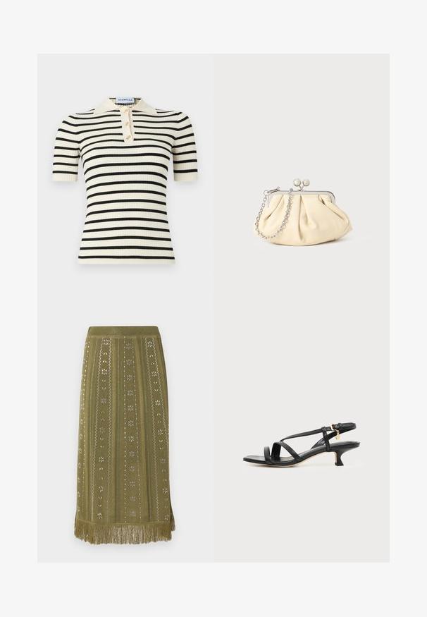 Polo à manches courtes côtelées avec une base crème et des rayures horizontales noires. Comprend également trois boutons dorés et un col.; Jupe midi en maille vert olive avec motifs floraux et géométriques verticaux et finition à franges à l'ourlet.; Sandale noire en cuir à brides fines, talon bas kitten, boucle à la cheville et petit pendentif doré sur fond clair uni.; Pochette en cuir beige plissé avec un cadre en métal argenté, dotée de deux fermoirs ronds décoratifs et d'une chaîne en argent.