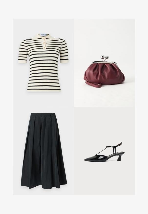 Polo à manches courtes côtelées avec une base crème et des rayures horizontales noires. Comprend également trois boutons dorés et un col.; Pantalon noir à jambes larges plissé avec une ceinture élastique, fabriqué en tissu léger, suspendu sur un fond blanc uni.; Chaussure slingback en cuir verni noir à bout pointu avec bride en T et petit talon bloc incliné sur fond blanc.; Petit sac pochette en cuir bordeaux avec fermoir métallique argenté et bracelet sur fond blanc.