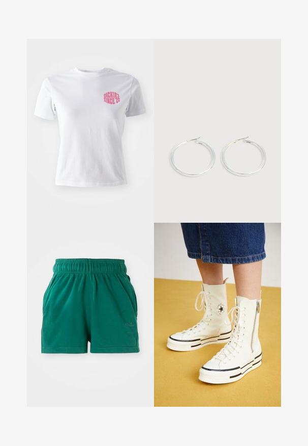 Valge puuvillane T-särk lühikeste varrukatega, millel on vasakul rinnal roosa graafika tekstiga "DICKIES SINCE '22." Klassikaline ümmargune kaelus.; Roheline elastse vöökohtaga casual lühikesed püksid küljetaskute ja diskreetse logoga paremas eesjala osas.; Valged kõrge säärega tossud, millel on lukuga sulgemine, paelad ja mustad triibud paksul tallal. Tekstureeritud kangast materjal.; Paari läikiva hõbedase rõngaskujulise kõrvarõngastega, millel on õhukesed traatlukkud, kuvatud heleda halli taustal.