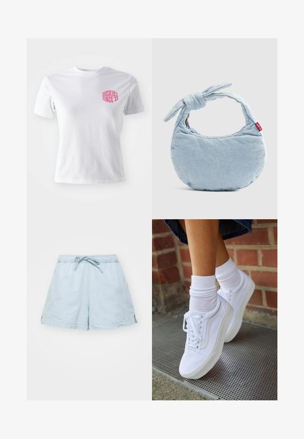 Hvid bomulds T-shirt med korte ærmer, der har en pink grafik på venstre bryst, som står "DICKIES SINCE '22." Klassisk crew neck design.; Lysblå, letvægts shorts med elastisk talje og snøre. Har sidelommer og en afslappet pasform, lavet af blødt stof.; Hvide lærreds sneakers med gummisåler, der har seks snørehuller, rund tå og let sømdetaljer, krydret med hvide ankelstrømper.; Lyseblå denim skuldertaske med knudedetalje på håndtaget og en lille rød Levi's-mærkat på siden.
