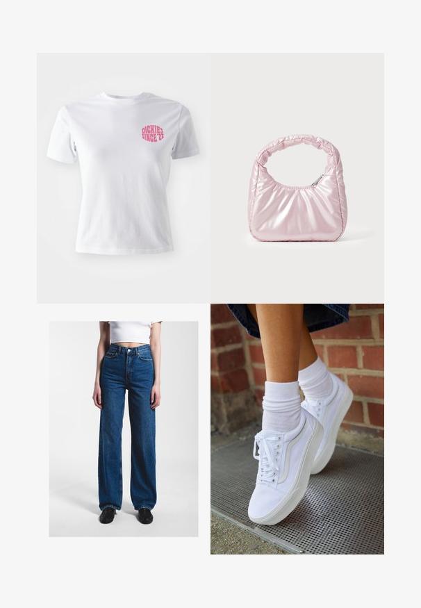Witte katoenen t-shirt met korte mouwen, voorzien van een roze graphic op de linkerborst met de tekst "DICKIES SINCE '22." Klassiek ronde hals ontwerp.; Persoon draagt hoge wijd uitlopende blauwe spijkerbroek, wit cropped topje en zwarte schoenen, staand tegen een effen lichte achtergrond.; Witte canvas sneakers met rubberen zolen, voorzien van zes vetertjes, een ronde neus en lichte stikdetails, gecombineerd met witte enkelsokken.; Roze, gevoerde handtas met een afgeronde vorm, gemaakt van glanzend materiaal. Beschikt over een geplooide handgreep en een ritssluiting voor veilige toegang.