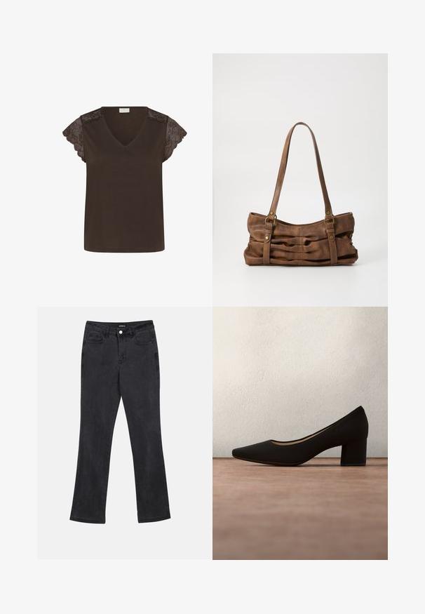 Top marrón oscuro para mujer con cuello en V, mangas cortas de encaje y cuerpo de tela sólida.; Vaqueros negros de pierna recta con bolsillos delanteros y traseros, pasadores para cinturón y cierre de botón en la cintura.; Zapato de tacón ancho con punta en punta para mujer negra flotando sobre un suelo gris con un fondo desenfocado verde y negro.; Even&Odd Bolso de mano - brown