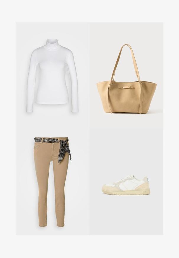Weißes langärmeliges Rollkragenshirt aus einem glatten, dehnbaren Stoff. Hat eine enganliegende Passform und einen hohen Kragen. Keine sichtbaren Muster oder Akzente.; Beige Skinny-Jeans mit einem schwarzen gemusterten Taillengummi und passendem Band. Verfügen über fünf Taschen und eine glatte Baumwollmischung.; Weißer und beiger Sneaker mit Obermaterial aus Wildleder und Textil, kontrastierenden Nähten, einer Gummisohle und einem hellblauen Akzent an der Ferse.; Beige Leder-Shopper mit zwei langen Trägern, glatter Oberfläche und einem dezenten Metallakzent auf der Vorderseite. Offenes Oberteil, geräumiges Innenfach.