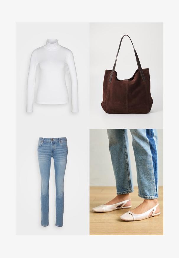 Weißes langärmeliges Rollkragenshirt aus einem glatten, dehnbaren Stoff. Hat eine enganliegende Passform und einen hohen Kragen. Keine sichtbaren Muster oder Akzente.; Hellblaue Slim-Jeans aus Denim mit einem klassischen Fünf-Taschen-Design, mittlerer Bundhöhe und subtilen Waschungen entlang der Beine.; Blassrosa Slingback-Ballerinas mit spitzem Punkt, aus einem glatten, lederähnlichen Material. Mit Ausschnitten an den Seiten und einem flachen Absatz.; Braune Wildleder-Tasche mit zwei dunklen Leder-Schulterriemen. Weiche Textur, abgerundete Oberseite und ein geräumiges Innenleben. Keine sichtbaren Beschläge oder Verzierungen.