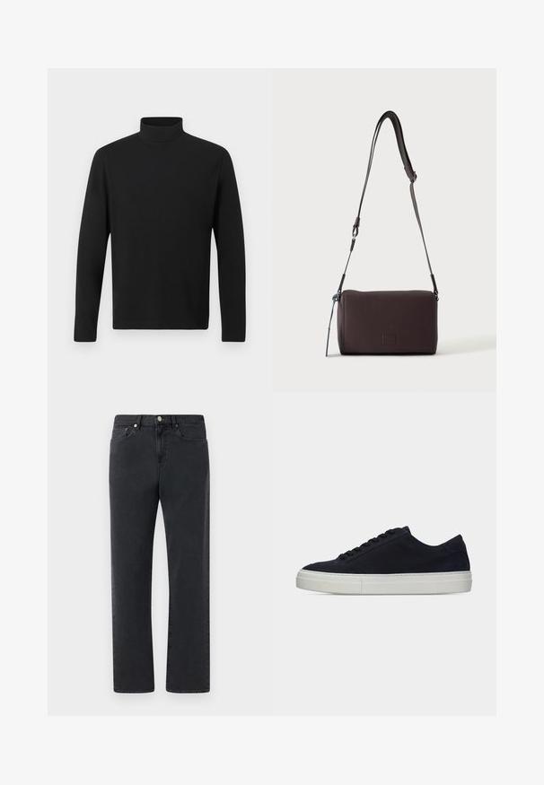Schwarzes Rollkragenhemd aus glattem Stoff. Hat lange Ärmel und einen hohen Kragen. Einfaches Design ohne zusätzliche Muster oder Akzente.; Schwarze Jeans aus Denim mit geradem Bein, fünf Taschen und Metallelementen. Der Stoff hat eine glatte, leicht strukturierte Oberfläche.; Niedriger Sneaker aus marineblauem Wildleder mit schwarzen Schnürsenkeln und dicker weißer Gummisohle, im rechten Profil vor weißem Hintergrund gezeigt.; Dunkelbraune, strukturierte Leder-Crossbody-Tasche mit verstellbarem Riemen und kleinem dekorativen blauen Akzent an der Seite.