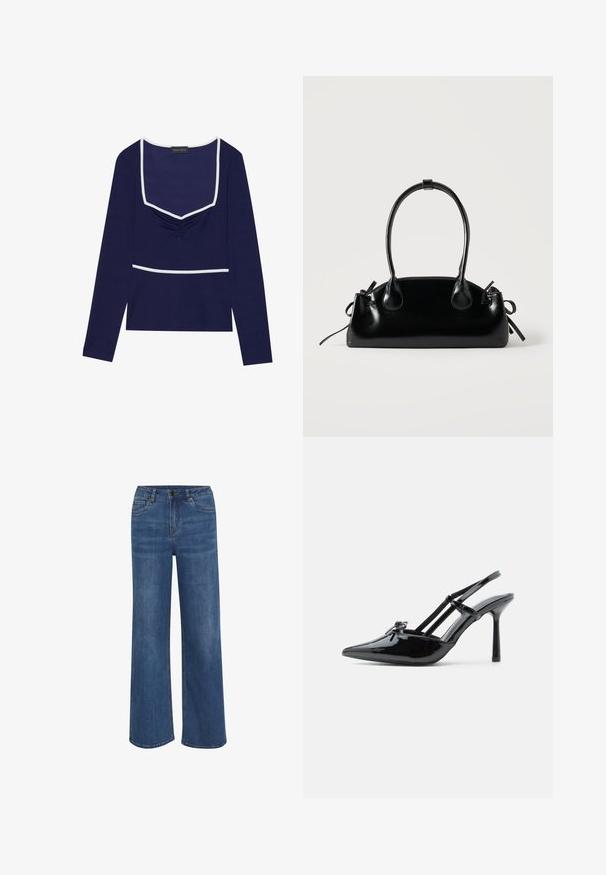 Navy lange mouw top met een vierkante halslijn, geplooid middenstuk en witte rand langs de hals en taille; gemaakt van rekbare stof.; Wijduitlopende jeans van middelblauwe denim. Voorzien van een knoop- en ritssluiting, vijf zakken en subtiele vervaging op de stof.; Zwarte lakleren hoge hakken met slingback, puntige neus, dunne hak en dubbele banddetails over de wreef.; Kleine zwarte glanzende handtas met twee lange hengsels en zijkant trekkoord details op een effen lichte achtergrond.