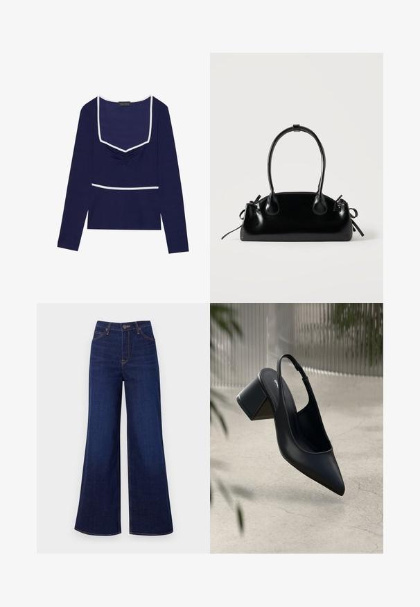 Navy lange mouw top met een vierkante halslijn, geplooid middenstuk en witte rand langs de hals en taille; gemaakt van rekbare stof.; Donkerblauwe wijde jeans van denim, met een hoge taille, vijf zakken en contrasterende oranje stiksels langs de naden.; Zwarte leren slingback hak met een spitse neus en een blokhak. Glad oppervlak, minimalistisch ontwerp en verstelbare enkelband.; Kleine zwarte glanzende handtas met twee lange hengsels en zijkant trekkoord details op een effen lichte achtergrond.