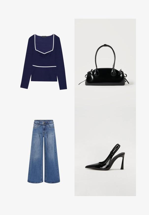 Navy lange mouw top met een vierkante halslijn, geplooid middenstuk en witte rand langs de hals en taille; gemaakt van rekbare stof.; My Essential Wardrobe MWKARO 144 MID XWIDE - Wide leg - medium blue wash; Zwarte gepatineerde leren slingback pump met puntige neus, slanke hoge hak en dubbele elastische band voor een veilige pasvorm. Gladde, glanzende oppervlakte.; Kleine zwarte glanzende handtas met twee lange hengsels en zijkant trekkoord details op een effen lichte achtergrond.