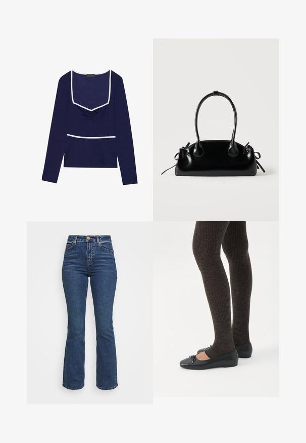Navy lange mouw top met een vierkante halslijn, geplooid middenstuk en witte rand langs de hals en taille; gemaakt van rekbare stof.; Hoge taille blauwe jeans gemaakt van denim. Flared leg ontwerp met een knoopsluiting en zakken. Beschikt over een klassieke wassing en stiksel details.; Benen met donkere geribbelde leggings gecombineerd met zwarte ballerina's met kleine strikdetails op een witte achtergrond.; Kleine zwarte glanzende handtas met twee lange hengsels en zijkant trekkoord details op een effen lichte achtergrond.