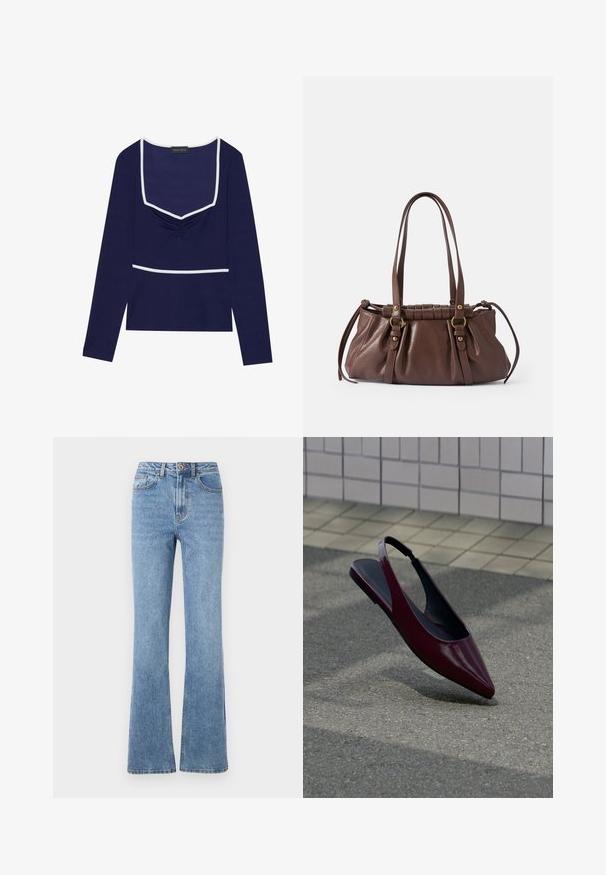 Navy lange mouw top met een vierkante halslijn, geplooid middenstuk en witte rand langs de hals en taille; gemaakt van rekbare stof.; Lichtblauwe denim jeans met een flare-pasvorm, hoge taille en minimale hardware. Kenmerken zijn de klassieke vijfzak-stijl en subtiele stiksels.; Donkerrode lakleren slingback platte schoen met spits toelopende neus zwevend boven een getextureerde bestrating bij een betegelde muur.; Bruine leren handtas met twee lange handvatten,Gathered ontwerp, gouden hardware accenten en een gestructureerde afwerking.