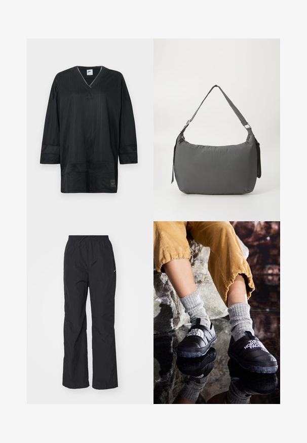 Čierny dres Nike s krátkym rukávom a výstrihom do V, s vertikálnym žíhaním, prešívanými detailmi a logom na ľavej strane hrudníka. Ľahká tkanina.; Čierne, ľahké nohavice s elastickým pásom a šnúrkou. Majú textúrovaný povrch a malú reflexnú nášivku na boku.; Čierne zateplené slip-on topánky s textúrovanými podrážkami a bielym logom, nosené s šedými pletenými ponožkami, v kombinácii s rebrovými nohavicami v horčičovej farbe.; Sivý vypolstrovaný ramenný vak s zakriveným tvarom, hladkou textúrou, nastaviteľným popruhom a jemne embosovaným logom vpredu.