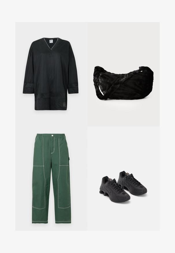 Camiseta negra de manga corta de Nike con cuello en V, que presenta costillas verticales, acentos cosidos y un logo en el pecho izquierdo. Tela ligera.; Pantalones verdes de pierna ancha con cintura elástica, botón frontal, costuras blancas grandes y visibles y bolsillo lateral para herramientas sobre fondo blanco.; Zapatillas deportivas negras con una parte superior sintética lisa, acentos texturizados, diseño de cordones y amortiguación de resorte visible en el talón.; Bolso de tela negra con un patrón texturizado de ondas, que presenta un asa trenzada y forma redondeada. Material suave y aterciopelado que proporciona una sensación táctil.