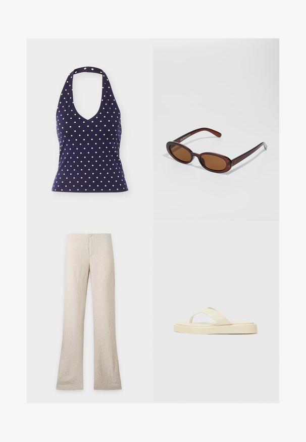 Haut dos nu bleu marine à pois blancs, encolure en V et taille cintrée, présenté sur un fond uni.; Pantalon en lin beige à jambe droite et fermeture avant dissimulée, présenté à plat sur un fond clair uni. Pas de poches ni de détails visibles.; Sandales tongs plates en jaune clair. Fabriquées en caoutchouc lisse avec deux sangles diagonales et une semelle épaisse pour le confort et la durabilité.; Lunettes de soleil rondes teinte brun avec une monture bordeaux brillante. Branches fines avec un détail de marque subtil. Design de verres plats.