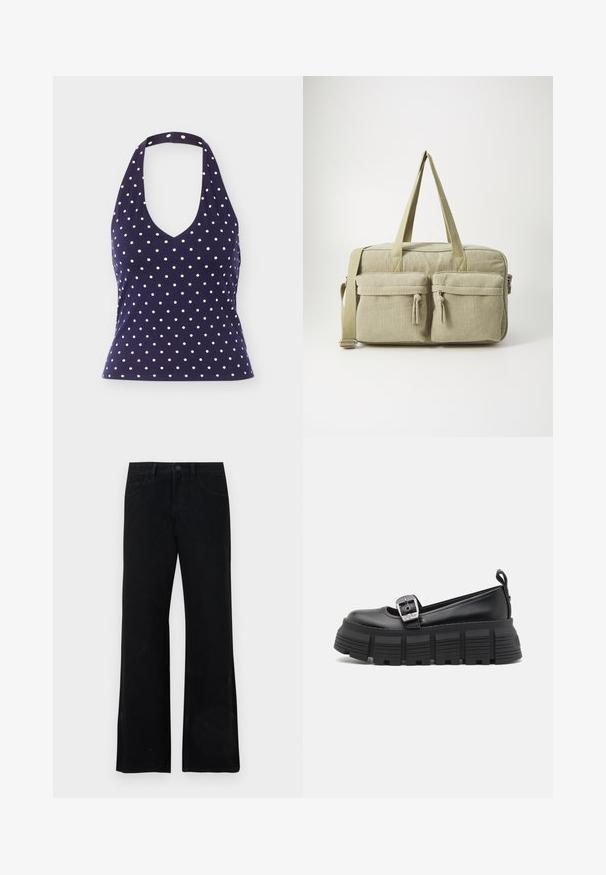 Marineblauwe haltertop met witte polkadots, V-hals en aansluitende taille, weergegeven tegen een effen achtergrond.; Zwarte denim flared jeans met een gladde textuur, voorzien van een sluiting met knopen aan de voorkant, riemlussen en een klassiek ontwerp met vijf zakken.; Zwarte platformloafers met een ronde neus, een bovenkant van glad leer, een verstelbare gesp en een gestructureerde rubberen zool met horizontale ribbels.; Even&Odd Weekendtas - green
