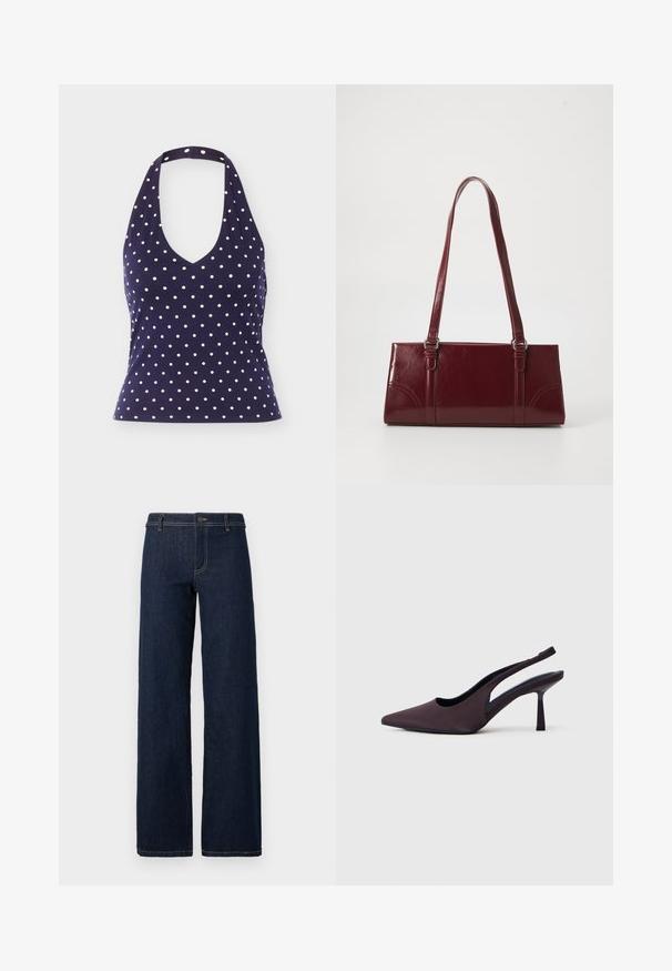 Marineblaues Neckholdertop mit weißen Punkten, V-Ausschnitt und tailliertem Bund, vor schlichter Hintergrund.; Weite, dunkelblaue Jeans mit klassischem Fünf-Taschen-Design, aus Denim gefertigt, mit goldenen Nähten und einem Knopfverschluss an der Taille.; Slingback-Pumps aus dunkelviolettem Stoff. Spitz zulaufende Zehenkappe, offene Seiten und ein schlanker, quadratischer Absatz. Glatte Textur.; Burgunderfarbene Handtasche aus glänzendem Material, rechteckige Form, mit zwei Schulterriemen und subtilen, geschwungenen Akzenten an der Vorderseite.