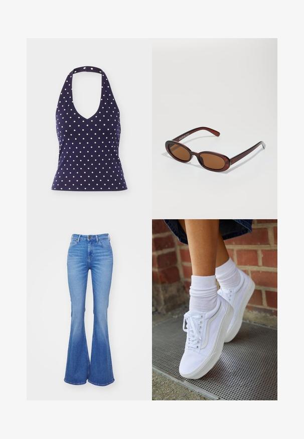 Marineblauwe haltertop met witte polkadots, V-hals en aansluitende taille, weergegeven tegen een effen achtergrond.; Lichtblauwe flared jeans van denim, met een hoge taille, vijf zakken en een lichte vervaging naar de zoom. Zilveren knoopsluiting.; Witte canvas sneakers met rubberen zolen, voorzien van zes vetertjes, een ronde neus en lichte stikdetails, gecombineerd met witte enkelsokken.; Ronde, bruin getinte zonnebril met een glanzend bordeauxrood frame. Slanke pootjes met subtiele merkdetails. Vlakke lensontwerp.