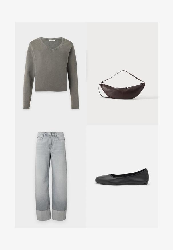 Pull court manches longues en gris-vert atténué avec un col en V et une couture simple sur un fond uni.; Jean en denim gris clair à coupe large, avec un revers doublement retourné et un léger effet délavé. Fermeture devant standard avec bouton et fermeture éclair.; Ballerines en cuir noir avec un bout rond, texture lisse, détails de couture minimalistes et design de semelle flexible.; Sac d'épaule en cuir marron foncé en forme de croissant avec une lanière courbée et des coutures visibles sur fond uni.
