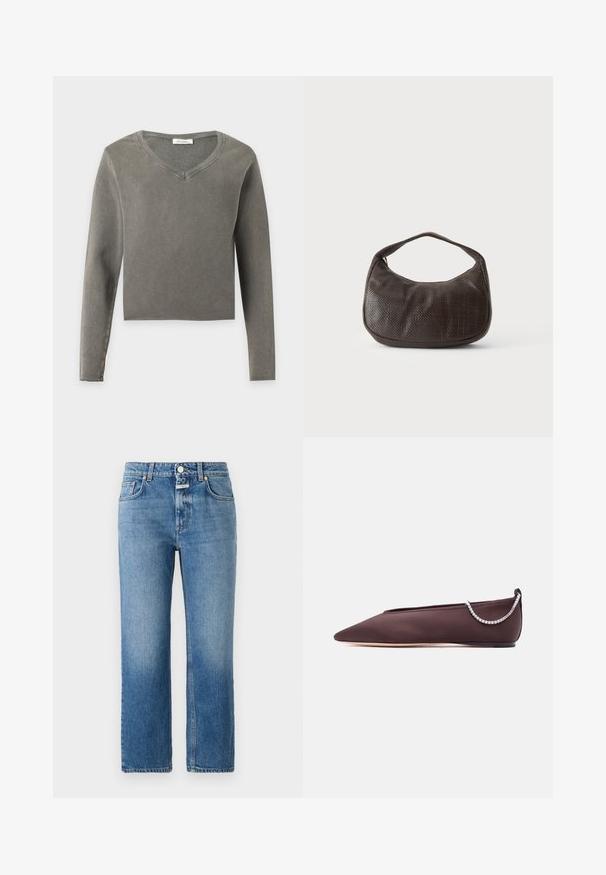 Pull court manches longues en gris-vert atténué avec un col en V et une couture simple sur un fond uni.; CLOSED MILO - Jean droit - mid blue; Chaussure plate marron foncé à bout pointu avec un petit talon et un détail chaîne en strass argentée à l'arrière.; Petit sac à main marron foncé texturé avec une courte bandoulière et un fond arrondi sur un fond clair uni.