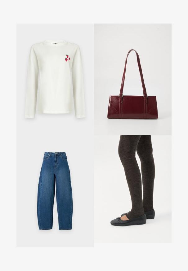 Hvid langærmet skjorte med rund halsudskæring, der har tre små røde jordbær trykt på venstre brystområde.; Denimjeans i en mellemblå vask, med højt liv, bred benpasform og standard fem-lomme design med synlige stikninger.; Ben iført mørke ribbede leggings kombineret med sorte balletsko med små sløjfedetaljer på hvid baggrund.; Bordeaux håndtaske lavet af glansfuldt materiale, rektangulær form, med to skulderremme og subtile buede detaljer på forsiden.