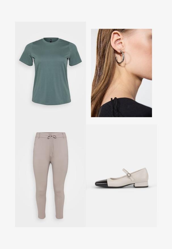 Camiseta de manga corta en verde apagado, con escote redondo, hecha de una suave mezcla de algodón, que presenta una textura lisa y un corte relajado.; Pantalones jogger ajustados de color beige claro, con cintura de cordón y piernas ajustadas, exhibidos sobre un fondo liso.; Zapato estilo Mary Jane en cuero crema con puntera de charol negro. Presenta una punta redonda, tirante en el tobillo con una hebilla cuadrada y un tacón bajo y cuadrado.; Pendiente de aro de plata con un acabado pulido, que presenta pequeños detalles en dorado y una forma redonda, llevado en el lóbulo.