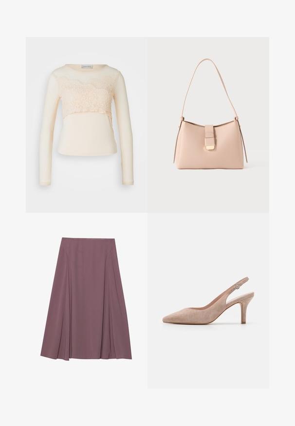 Langærmet top i creme med blonderoverlay ved brystet, hvilken har en rund halsudskæring og glat stof for en tætsiddende silhuet.; En knælang nederdel i en dæmpet mauve farve, lavet af letvægtsstof med plisseret design og en glat tekstur. Ingen synlige lukninger.; Slingback højhælet sko i blød beige ruskind, spids tå, slank hæl og justerbar ankelrem med en rund spænde.; Lyserød håndtaske med en buet form, lavet af tekstureret materiale. Har en flad rem og en låsedetalje i guldton på forsiden.