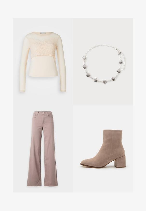 Lange mouw top in crème met kantoverlay op de buste, voorzien van een ronde halslijn en een soepele stof voor een getailleerde silhouette.; Broek met hoge taille en wijde pijpen in licht mauve met voorzakken, riemlussen en een knoopsluiting op een effen achtergrond.; Beige suede enkelboot met een spitse neus en een chunky vierkante hak. Het oppervlak is glad met een zachte textuur en minimale details.; Zilveren ketting met acht kleine hartvormige hangers voorzien van ingewikkelde krulpatronen, plat liggend op een lichte achtergrond.