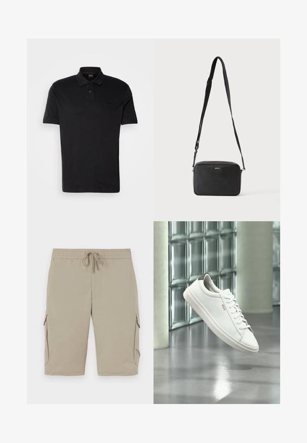T-shirt polo noir en coton, avec un col classique, deux boutons et un logo brodé sur la poitrine. Manches courtes.; Shorts cargo beiges avec une taille élastique et un cordon de serrage. Comprend des poches latérales et un tissu lisse et léger.; Baskets basses en cuir blanc avec lacets, languette de talon noire et logo « BOSS », flottant à l'intérieur près d'un mur en blocs de verre et d'un sol poli.; Sac bandoulière rectangulaire noir avec sangle réglable et logo BOSS sur le devant, sur un fond clair uni.