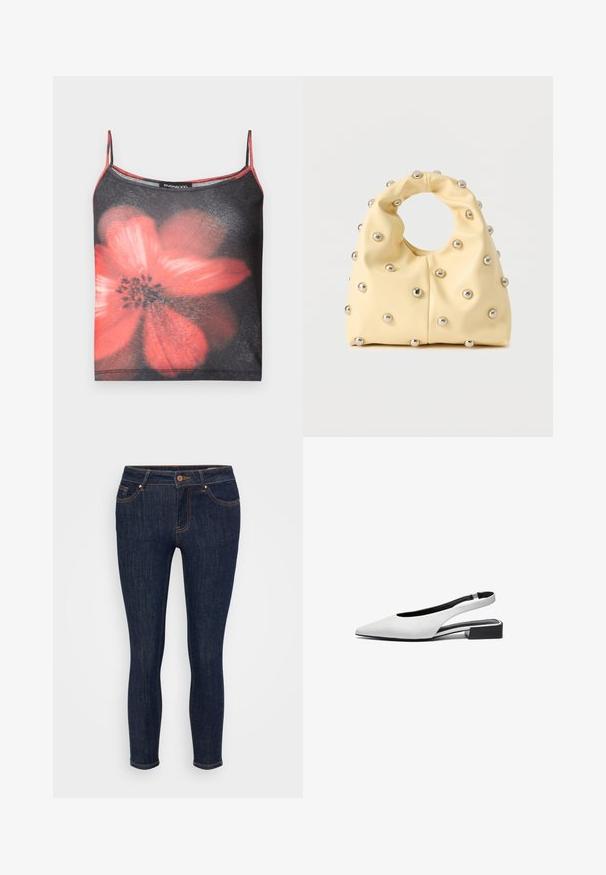 Sort spaghetti-strop crop top med stort, sløret rødt blomstermønster og Even & Odd-mærkat i halsudskæringen.; Mørkeblå denim skinny jeans med orange syninger, lynlåsgylp, fem lommer og en figursyet pasform. Glat tekstur og standardbenlængde.; Hvide læderslingback flade sko med spids tå, åben design ved hælen og en lav sort blokhæll. Glat tekstur, minimale accenter.; Blød gul håndtaske med cirkulært håndtag, dekoreret med jævnt fordelte små sølvfarvede metalknopper på en glat overflade.