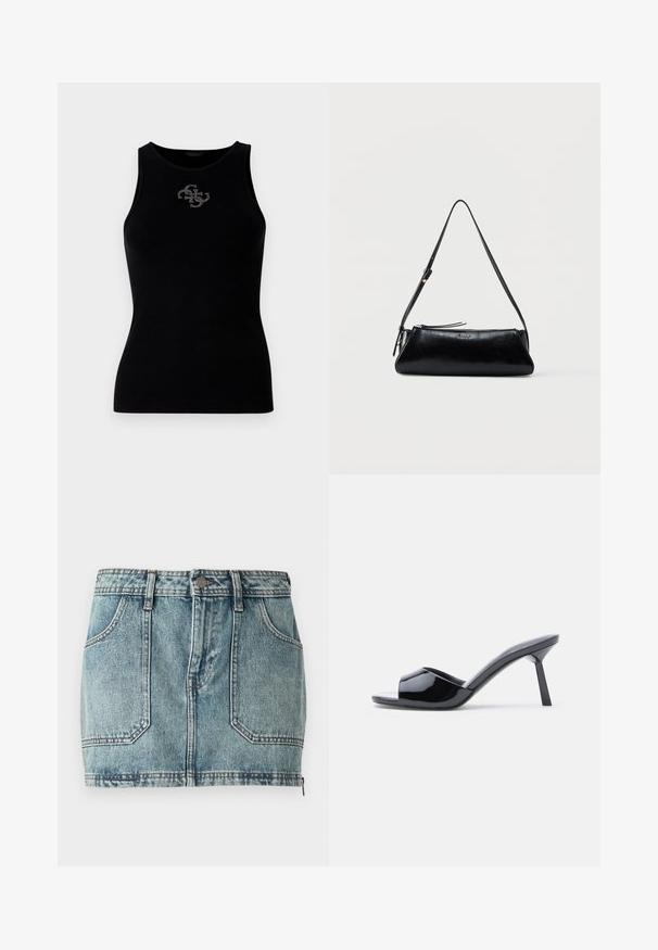 Schwarzes geripptes Tanktop mit rundem Halsausschnitt und einem mit silbernen Nieten verzierten Logo auf der Vorderseite. Weicher, elastischer Stoff.; Helles, blaues Denim-Minirock mit Fünf-Taschen-Design, Gürtelschlaufen, Metallknopfverschluss und kontrastierenden Nähten.; Schwarze Sandalen mit Absatz aus Lackleder, offenem Zehenbereich, mit geschwungenem Obermaterial und spitz zulaufendem Stilettoabsatz. Glatte, glänzende Oberfläche.; Schwarze Leder-Schultertasche mit schmalem verstellbarem Riemen, Reißverschluss und kleinem Metall-„GUESS“-Logo mittig vorne.