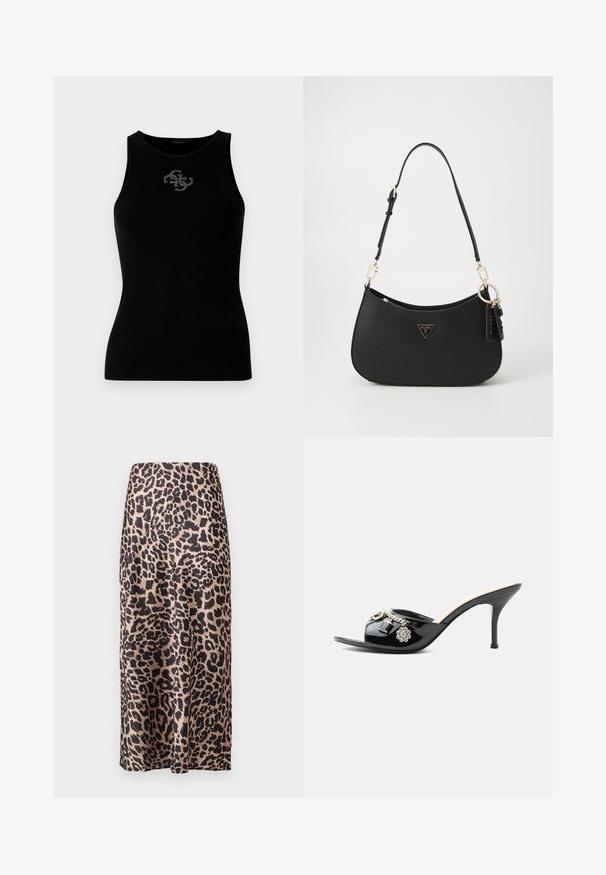 Débardeur noir à côtes avec un col rond et un logo orné de clous en argent à l'avant. Tissu doux et extensible.; Jupe en satin imprimé léopard avec taille haute, silhouette longueur genoux, texture brillante et design fluide.; Mule à talon haut en cuir verni noir avec bout ouvert et breloques argentées décoratives comprenant une fleur et un cadenas sur la bride avant.; Sac à main synthétique noir avec une forme courbe, quincaillerie dorée et un logo triangulaire. Il dispose d'une fermeture zippée et d'une bandoulière adjustable.