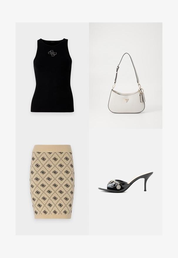 Sort ribbet tank top med rund udskæring og et logo prydet med sølvfarvede nitter på forsiden. Blødt, strækbart stof.; Strikket beige blyantskørt med et diamantmønster og gentagne sorte logoakcenter, med en ribbet talje for ekstra tekstur.; Sort laklæder højt hælet mule med åben tå og dekorative sølvcharme inklusive en blomst og hængelås på frontstroppen.; Hvid tekstureret håndtaske med en buet form, guldfarvet hardware, en aftagelig rem og et logo-akcent. Inkluderer en nøglekædetag med branding.