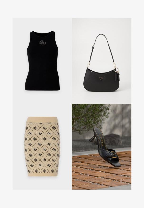 Sort ribbet tank top med rund udskæring og et logo prydet med sølvfarvede nitter på forsiden. Blødt, strækbart stof.; Strikket beige blyantskørt med et diamantmønster og gentagne sorte logoakcenter, med en ribbet talje for ekstra tekstur.; Sort højhælet mule med guldlås og "GUESS"-logo indeni, placeret på tekstureret udendørs flisebelægning med sløret grønt baggrund.; Sort syntetisk håndtaske med en buet form, guldfarvet hardware og et trekantet logo. Har lynlås lukning og en justerbar rem.