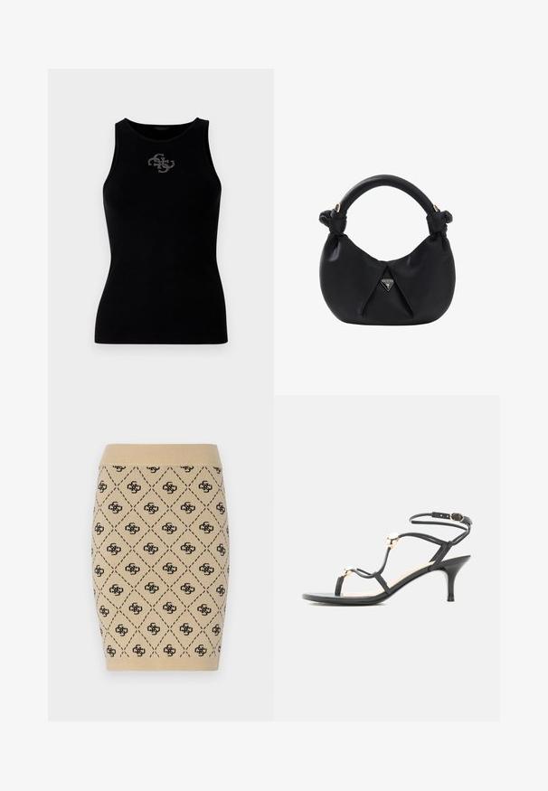Top de tirantes negro con canalé que presenta un escote redondo y un logo adornado con tachuelas plateadas en la parte delantera. Tela suave y elástica.; Falda lápiz de punto en color beige con un patrón de diamantes y acentos de logotipo negro en repetición, con una cintura acanalada que añade textura.; Sandalia negra con tiras, tacón medio, cuentas doradas de acento y una correa en el tobillo con hebilla sobre fondo blanco.; Pequeño bolso de mano de cuero negro con asa anudada y placa triangular con el logo de Guess USA en el centro delantero.