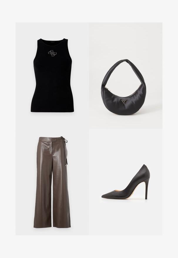 Débardeur noir à côtes avec un col rond et un logo orné de clous en argent à l'avant. Tissu doux et extensible.; Pantalons larges en simili cuir marron avec taille haute et détail de lien sur le côté, sur fond blanc.; Escarpin noir en cuir avec un bout pointu, une texture lisse et un talon stiletto fin. Design minimaliste, sans élément visible.; Sac à main en satin noir avec une forme courbée, doté d'une fermeture à glissière et d'un logo triangulaire en métal à l'avant. Texture lisse et design épuré.