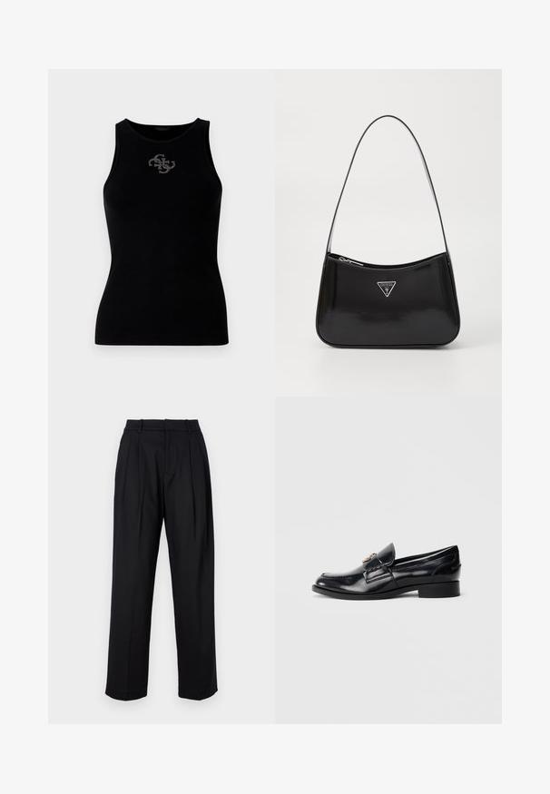 Débardeur noir à côtes avec un col rond et un logo orné de clous en argent à l'avant. Tissu doux et extensible.; Pantalons noirs au design ajusté, avec une taille haute, des plis et une coupe droite. Fabriqués en tissu lisse de couleur unie.; Mocassin en cuir noir brillant avec petit talon et emblème métallique décoratif sur le cou-de-pied, présenté de profil sur fond blanc.; Sac à épaule en cuir verni noir avec une forme incurvée, présentant un logo triangle en argent et une fermeture éclair. Texture lisse et bandoulière fine.