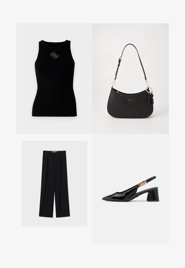 Débardeur noir à côtes avec un col rond et un logo orné de clous en argent à l'avant. Tissu doux et extensible.; Pantalon noir taille haute à jambes larges avec passants de ceinture et plis devant, présenté sur un fond gris clair.; Bottines à talon en vernis noir avec un bout pointu et des accessoires dorés sur la bride, dotées d'un talon bloc. Texture lisse.; Sac à main synthétique noir avec une forme courbe, quincaillerie dorée et un logo triangulaire. Il dispose d'une fermeture zippée et d'une bandoulière adjustable.
