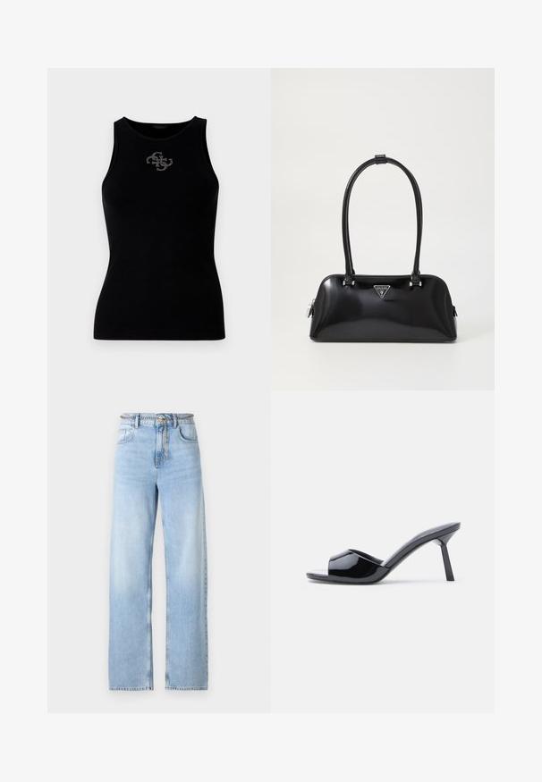 Sort ribbet tank top med rund udskæring og et logo prydet med sølvfarvede nitter på forsiden. Blødt, strækbart stof.; Lysblå vide jeans lavet af denim, med højt liv, forlommer og en kædebælteaccent. Glat tekstur med let falming.; Sorte laklæder sandaletter med åben tå, der har et buet overdesign og en spids stilethæl. Glat, blank finish.; Sort glanshandtaske med en buet silhuet, to håndtag og en frontlogo-plakette. Lynlås lukning og skinnende hardware-detaljer.