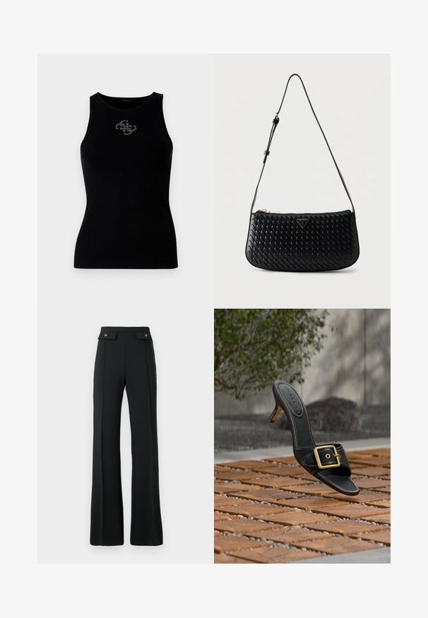 Débardeur noir à côtes avec un col rond et un logo orné de clous en argent à l'avant. Tissu doux et extensible.; Pantalons évasés noirs taille haute avec des détails de couture à l'avant et deux poches à rabat à bouton doré à la taille.; Mule à talon haut en cuir noir avec boucle dorée flottant au-dessus d’un sol carrelé en bois, fond extérieur avec un buisson vert et un mur en pierre.; Sac à épaule en cuir noir tissé avec bandoulière réglable et plaque logo Guess dorée au centre avant.