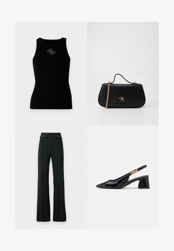 Top de tirantes negro con canalé que presenta un escote redondo y un logo adornado con tachuelas plateadas en la parte delantera. Tela suave y elástica.; Pantalones de tiro alto de campana negros con detalles de costura frontal y dos bolsillos con tapeta y botones dorados en la cintura.; Zapatos de charol negro con tacón de pala y puntera afilada, con detalles en tono dorado en la correa, que presentan un tacón cuadrado. Textura suave.; Bolso de cuero negro con una correa de cadena dorada, asa superior y logo en relieve. Textura suave y diseño estructurado con forma curva.