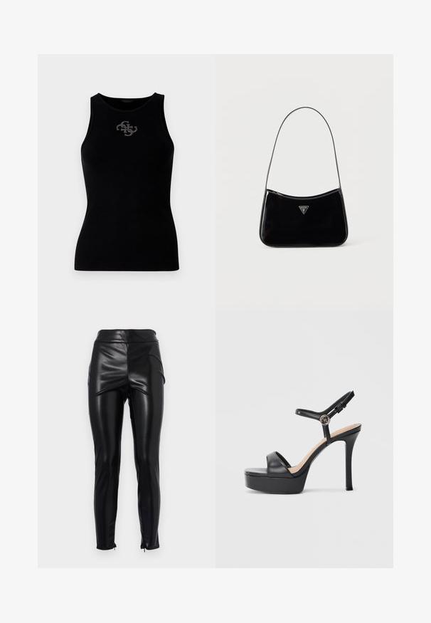 Schwarzes geripptes Tanktop mit rundem Halsausschnitt und einem mit silbernen Nieten verzierten Logo auf der Vorderseite. Weicher, elastischer Stoff.; Hoch taillierte schwarze Leggings aus Kunstleder mit einer glatten, glänzenden Textur, seitlichen Nähten und Reißverschlüssen an den Knöcheln für eine figurbetonte Silhouette.; Schwarze Plateausandalen mit hohem Stiletto-Absatz, ausgestattet mit einem glatten Lederobermaterial, einem Peeptoe-Design und einem verstellbaren Knöchelriemen mit Metallbeschlägen.; Schwarze Schultertasche aus Lackleder mit schmalem Riemen, dreieckigem Guess-Logo vorne und einem Reißverschluss oben.